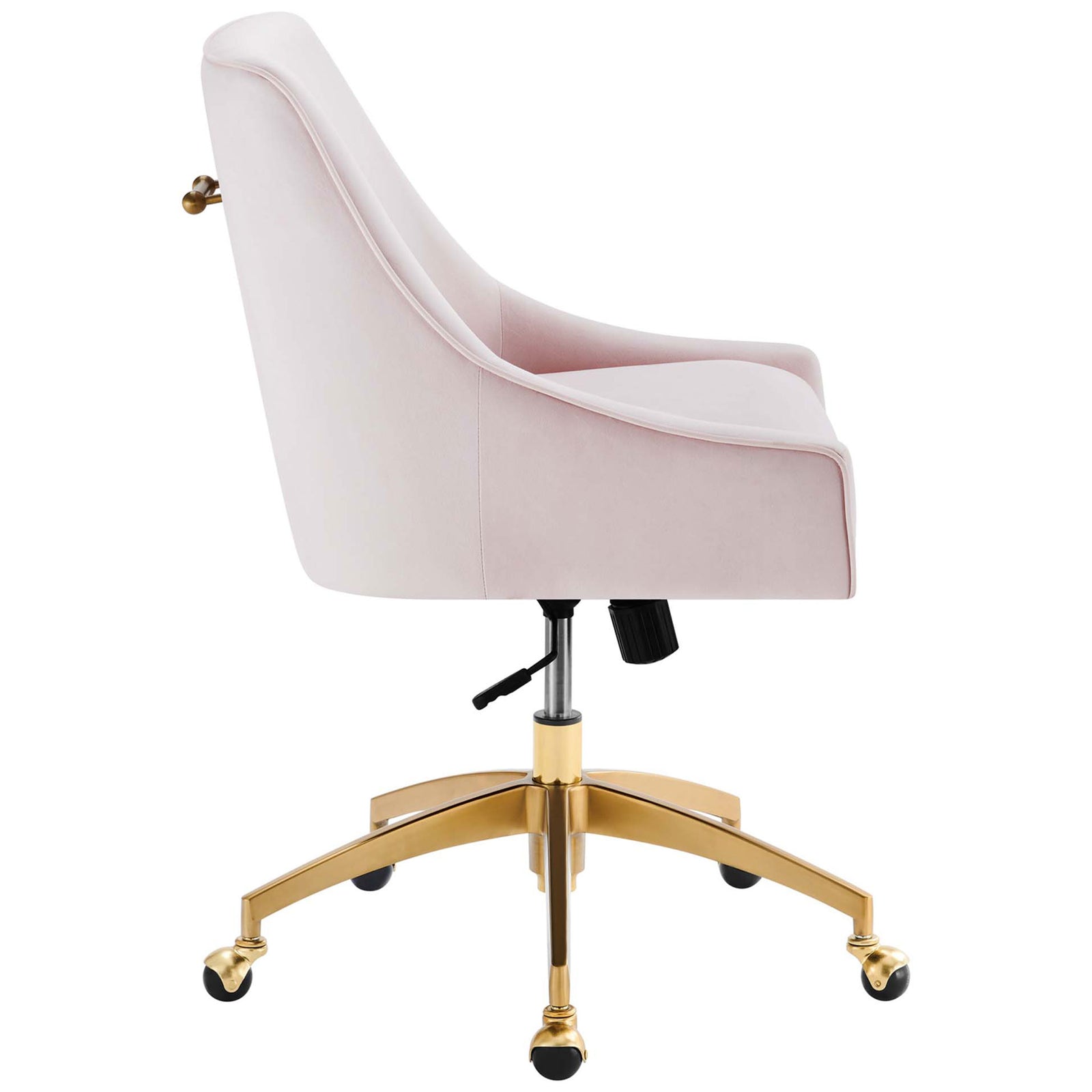 Pink velvet office chair with curved backrest, plush seat, and easy-access height adjustment lever || EEI-5079-PNK || side_studio