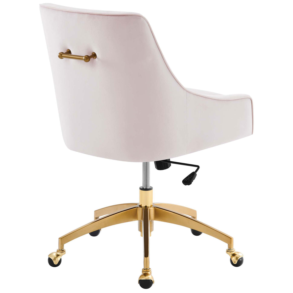 Pink velvet office chair featuring a decorative gold handle and matching wheeled base || EEI-5079-PNK || back_angle_studio