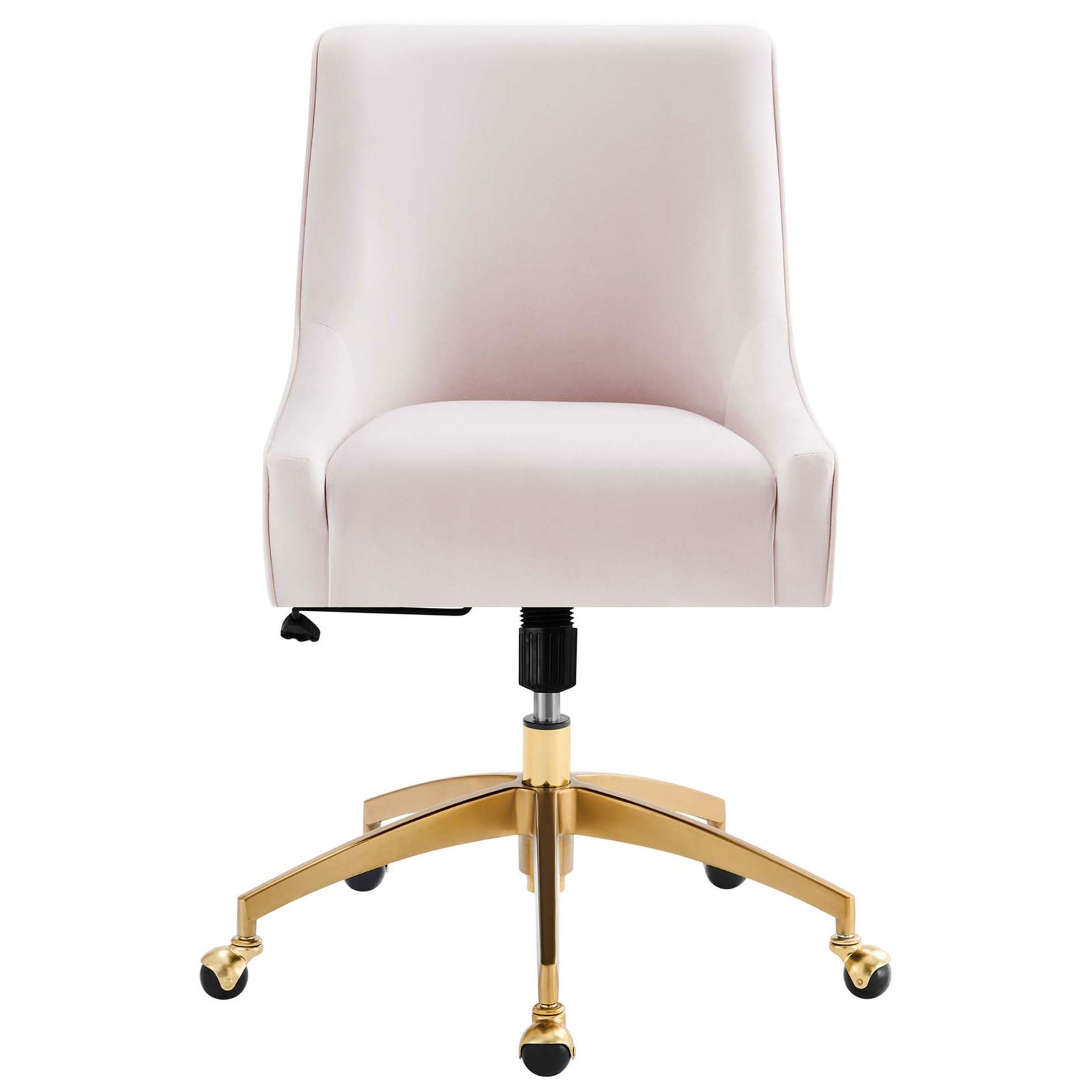 Modern pink velvet office chair with gently sloped arms and supportive cushioned seat on a gold base || EEI-5079-PNK || front_studio