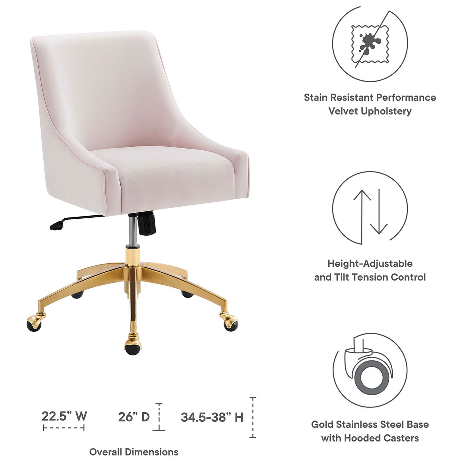 Pink velvet office chair with gold base and icons highlighting stain resistance, adjustability, and dimensions || EEI-5079-PNK || dimension_studio
