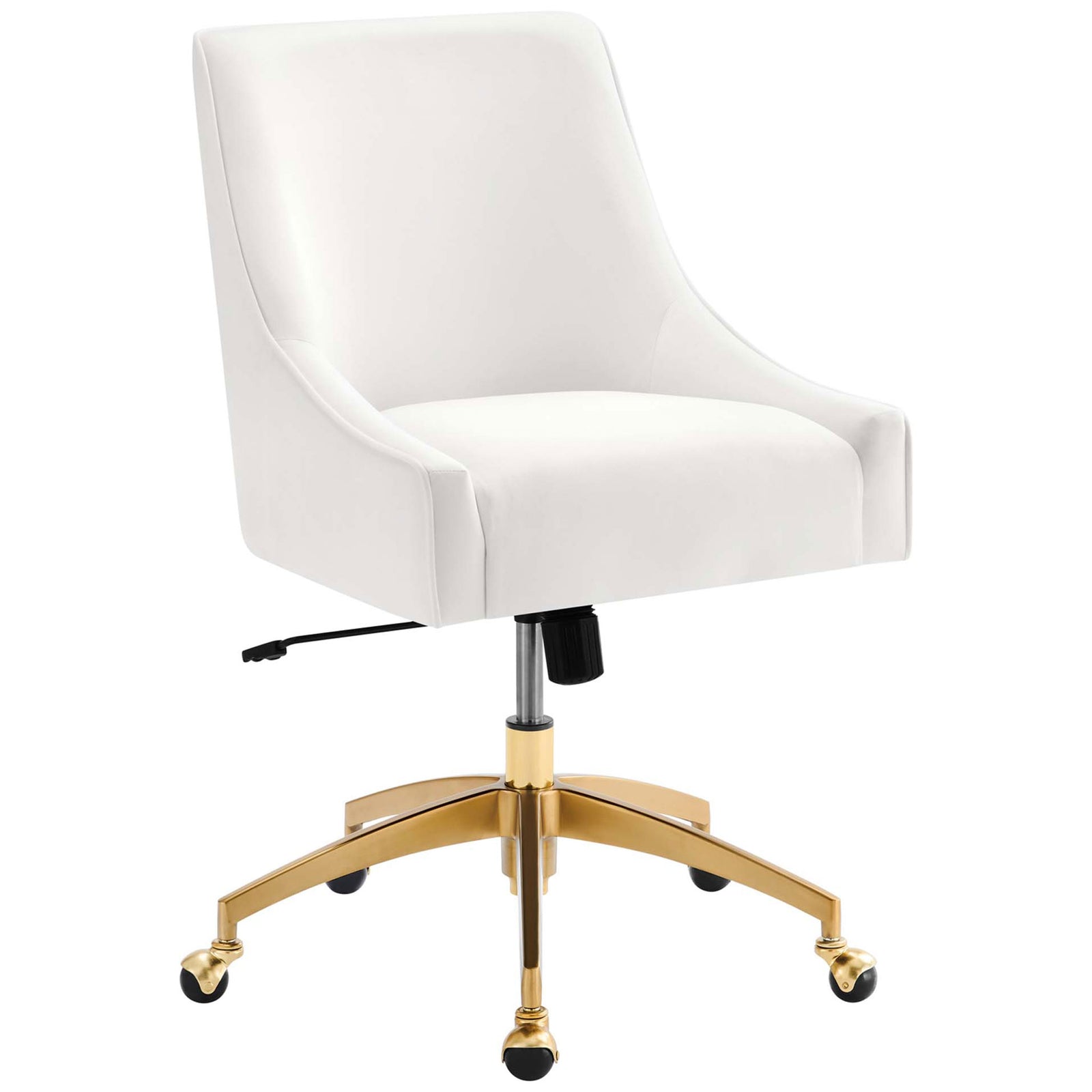 White velvet office chair with sloping arms and gold swivel base on five hooded casters || EEI-5079-WHI || front_studio