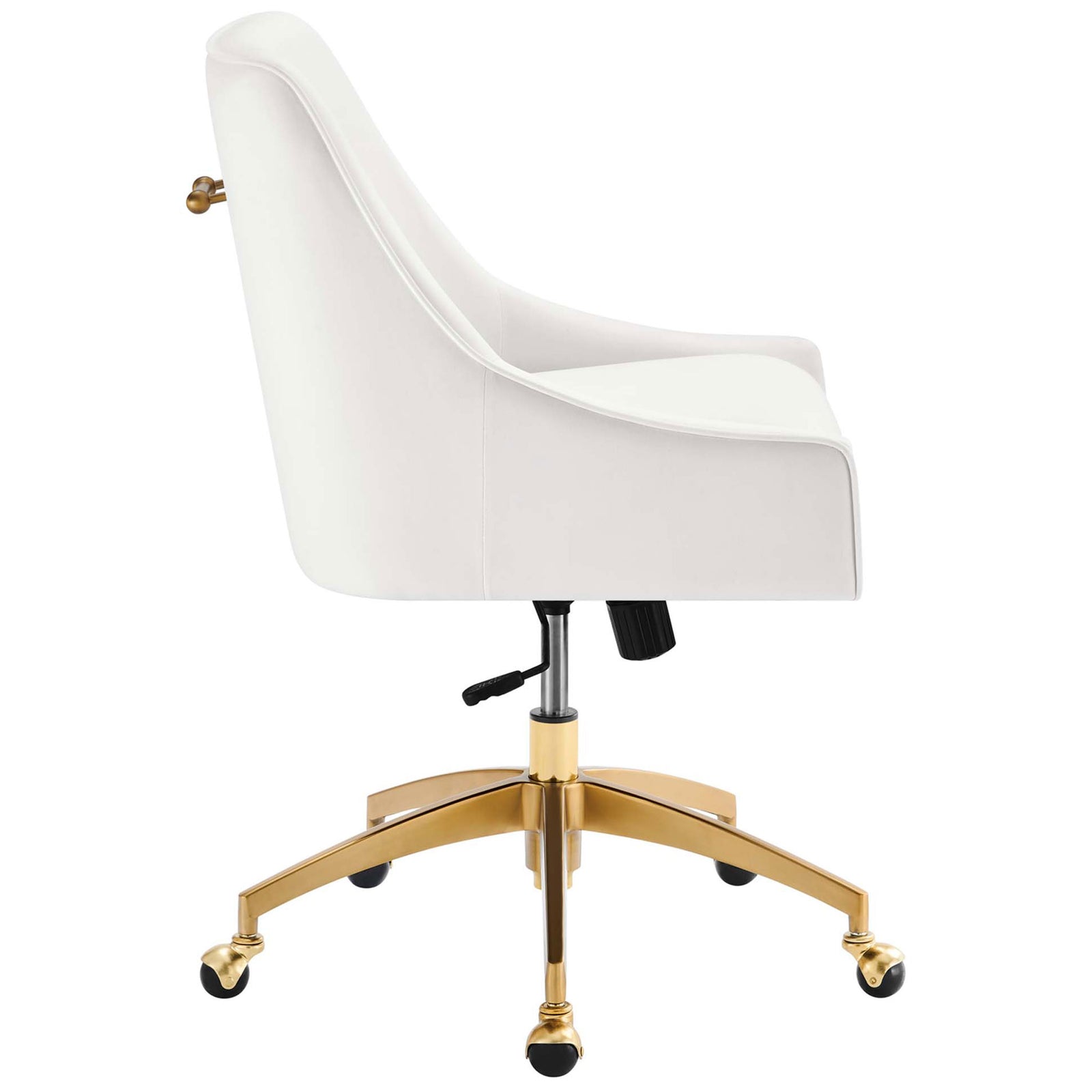 Low-profile white velvet desk chair showcasing gently sloped arms and thick cushioning on a gold base || EEI-5079-WHI || side_studio