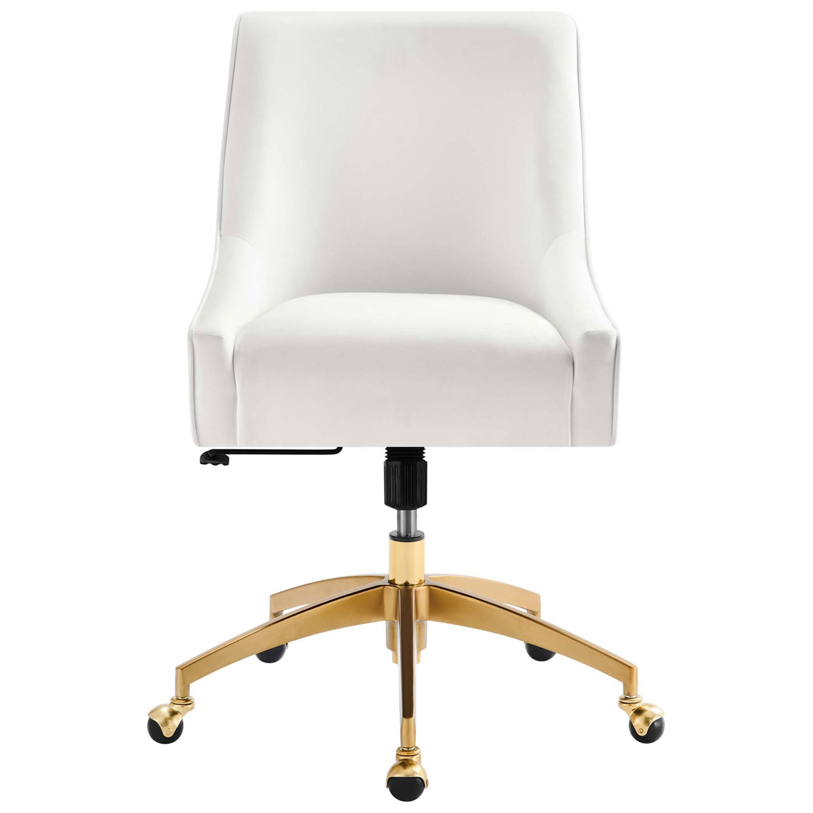 White velvet office chair with sloping arms and gold swivel base on five hooded casters || EEI-5079-WHI || front_studio