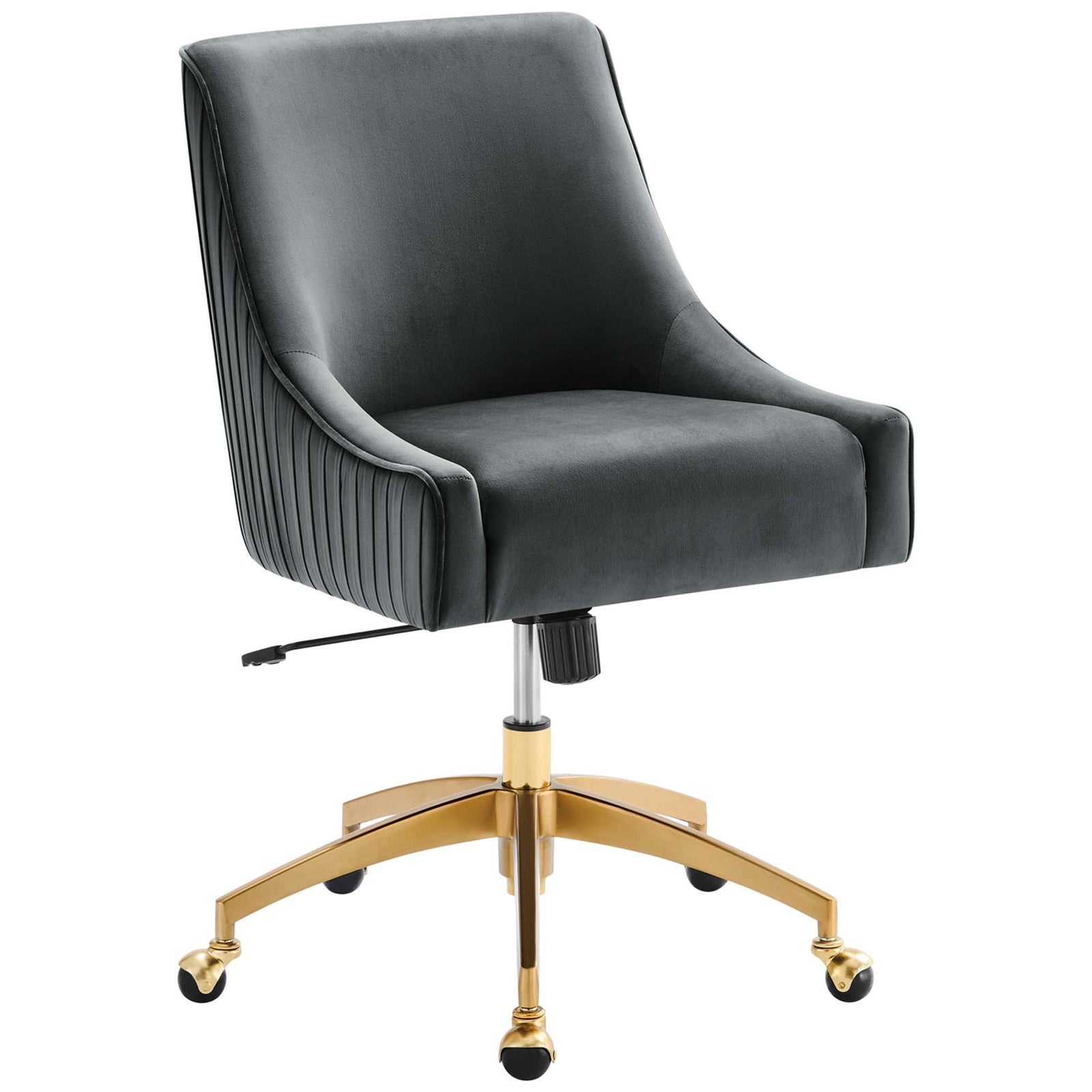 Gray velvet desk chair with plush seat, sloping arms, and gleaming gold base on smooth casters || EEI-5080-GRY || front_studio