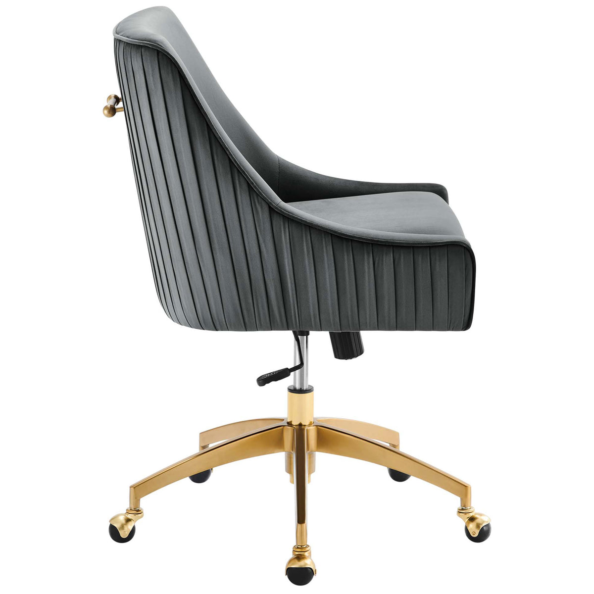 Gray velvet task chair showing the slim profile, pleated sides, and gold base with hooded casters || EEI-5080-GRY || side_studio