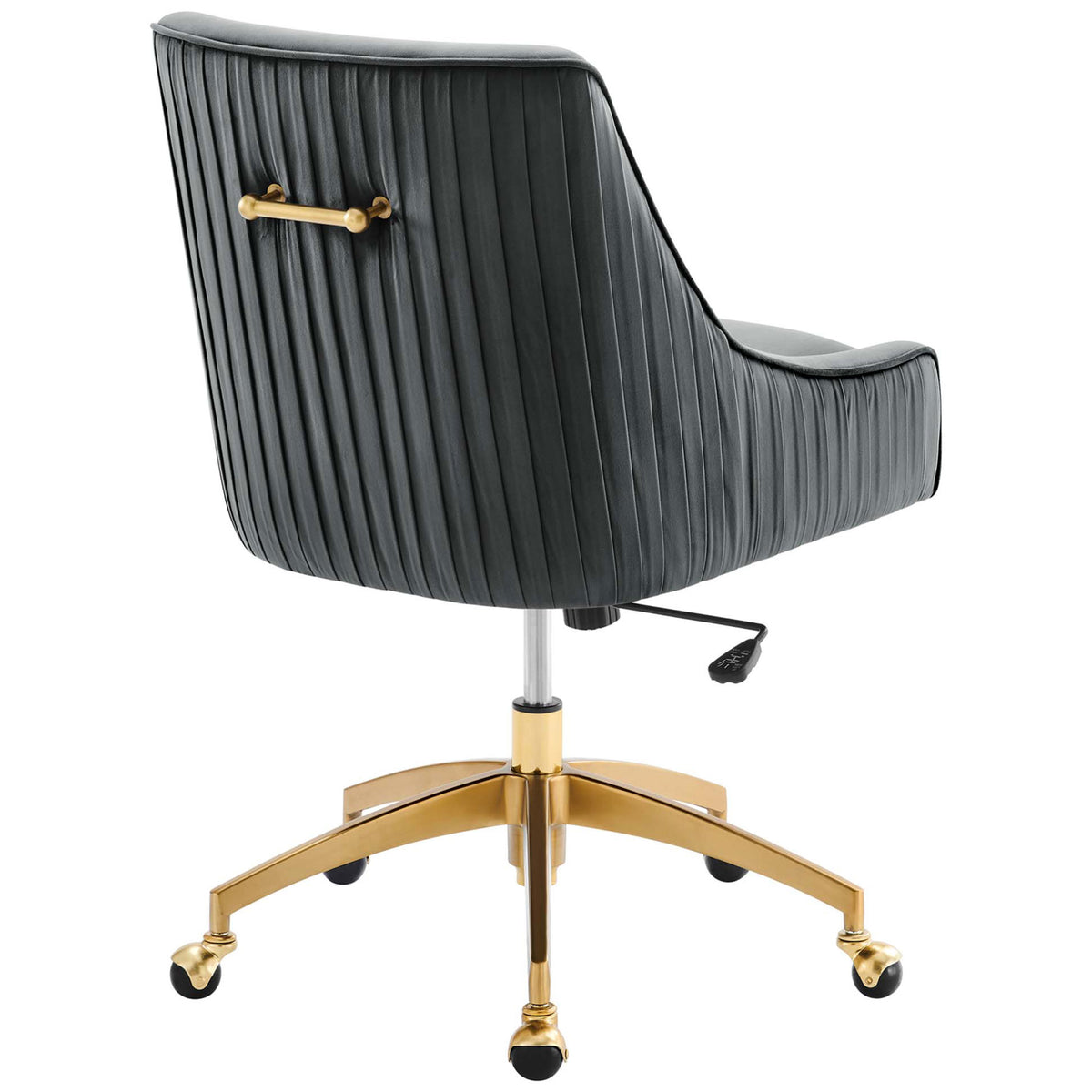 Gray velvet office chair with vertical pleated back and matching gold handle over rolling base || EEI-5080-GRY || back_angle_studio