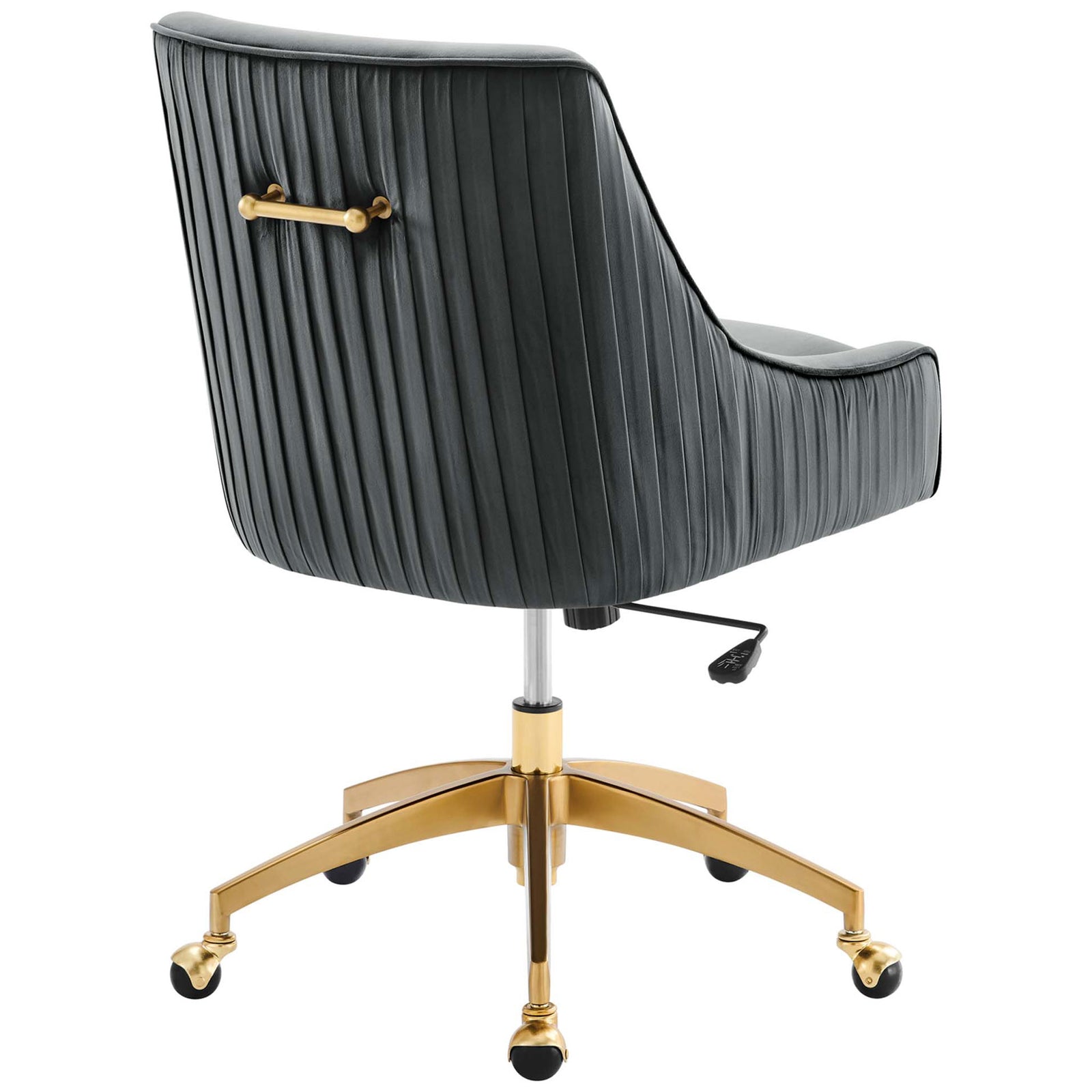 Gray velvet office chair with vertical pleated back and matching gold handle over rolling base || EEI-5080-GRY || back_angle_studio