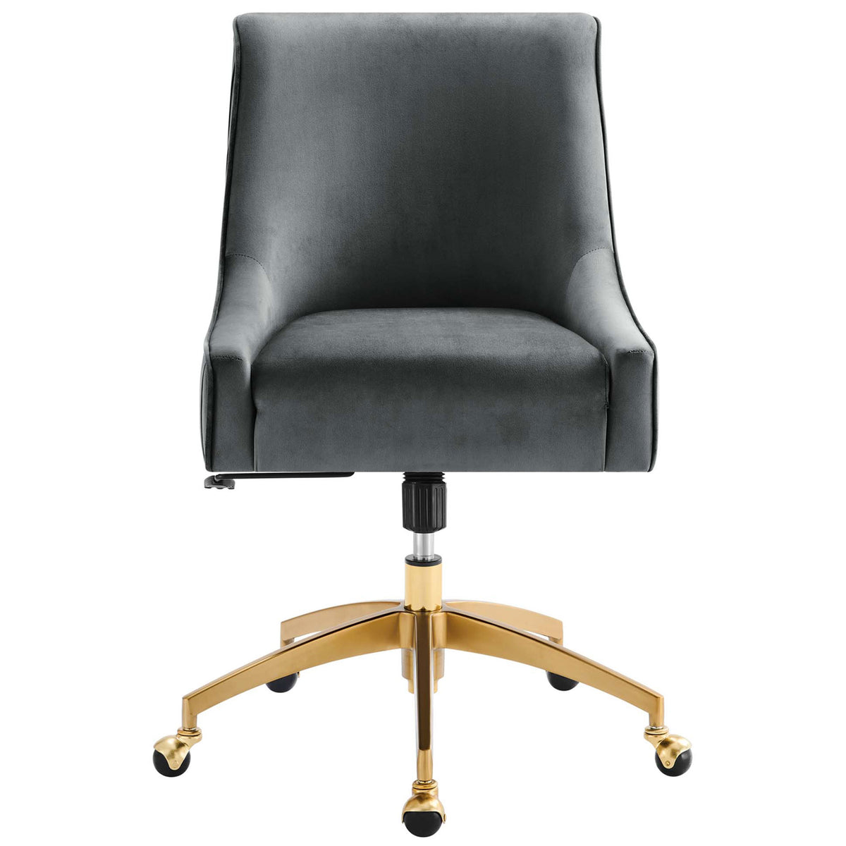Gray velvet desk chair with plush seat, sloping arms, and gleaming gold base on smooth casters || EEI-5080-GRY || front_studio