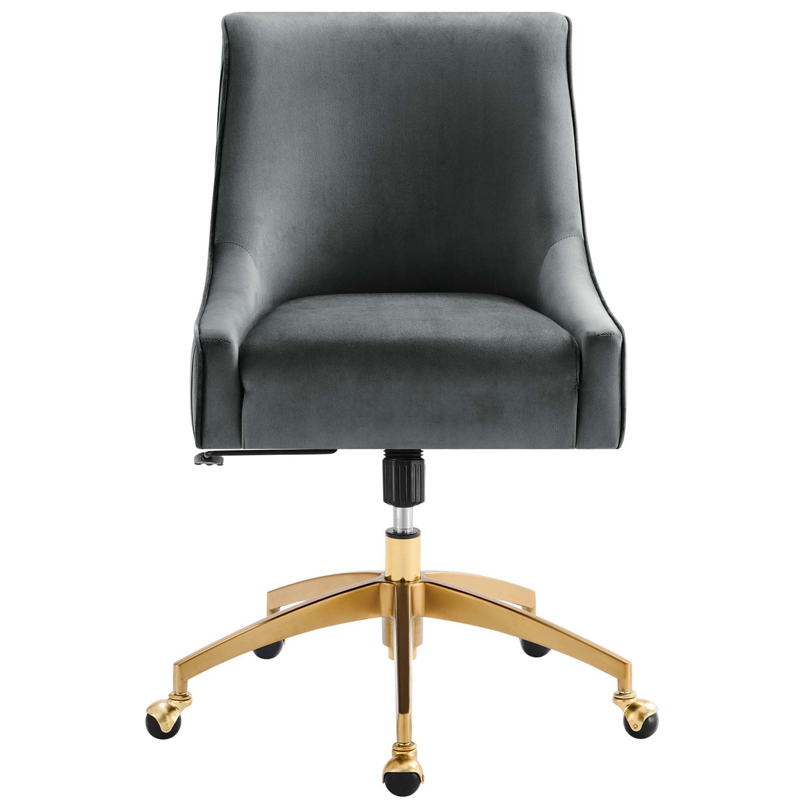Gray velvet desk chair with plush seat, sloping arms, and gleaming gold base on smooth casters || EEI-5080-GRY || front_studio