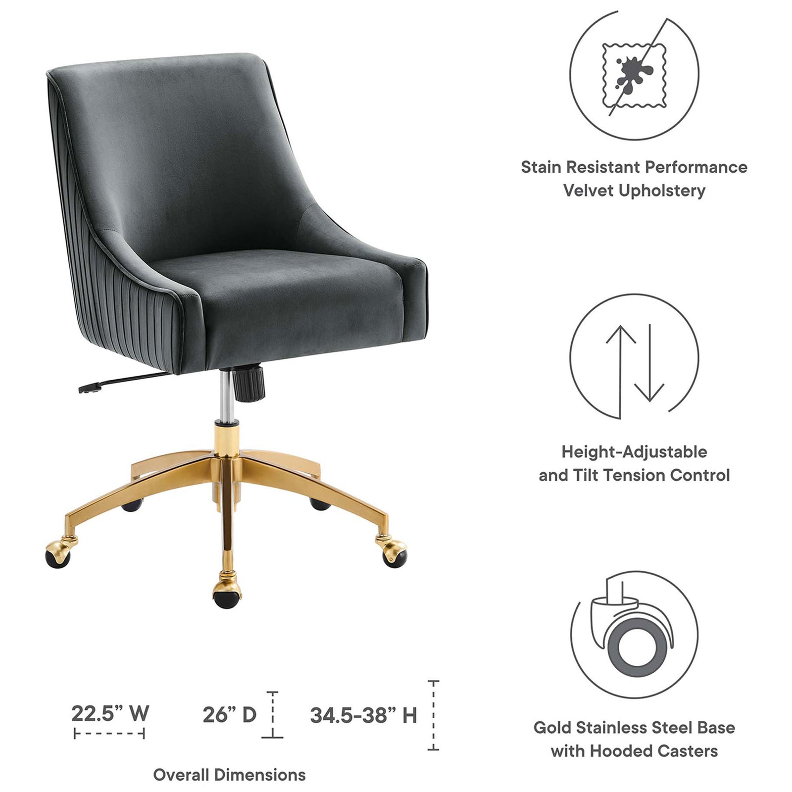 Gray velvet office chair with gold base shown with height, width, and feature callouts || EEI-5080-GRY || dimension_studio
