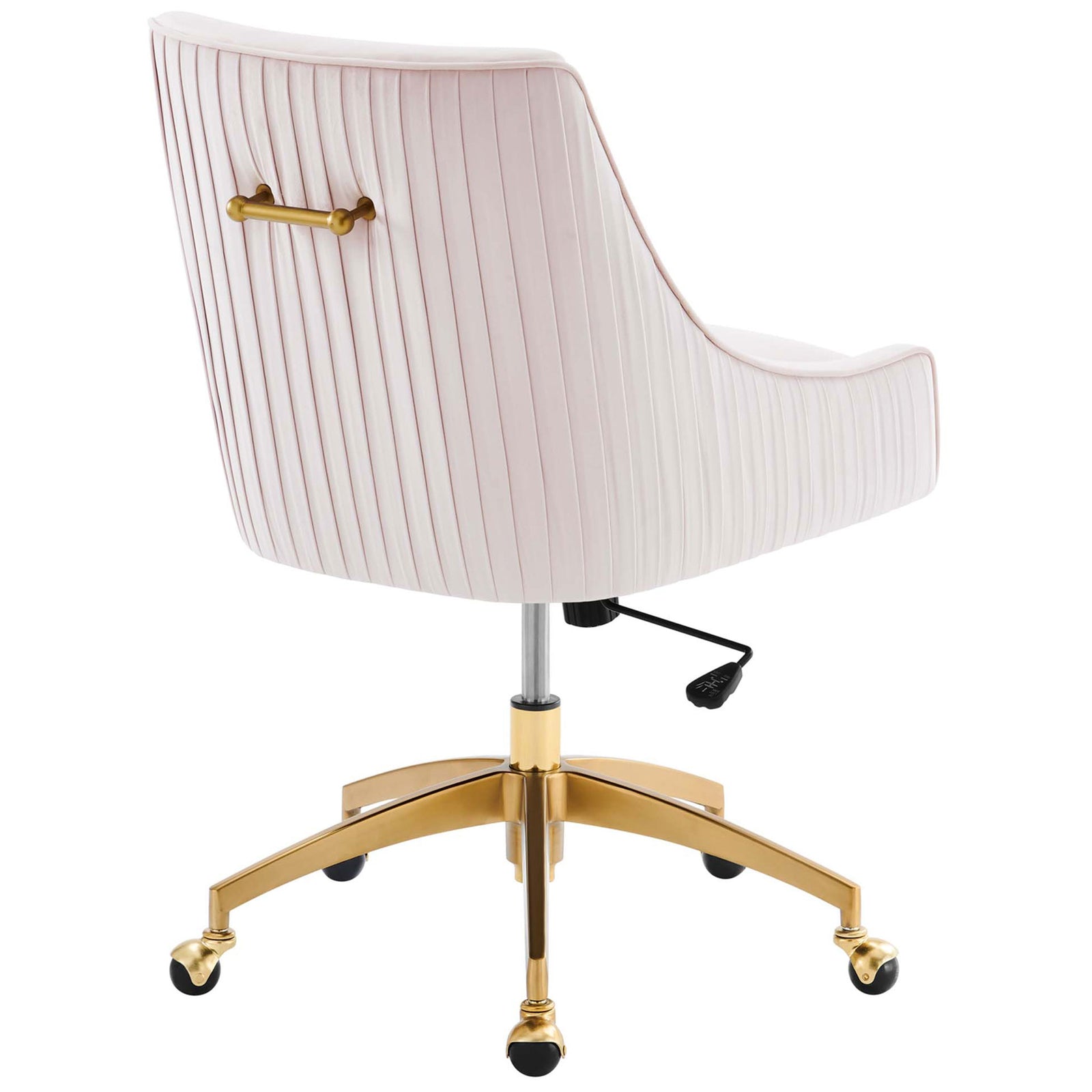 Pink velvet office chair featuring a fully pleated back and decorative gold handle above a gold caster base || EEI-5080-PNK || back_angle_studio