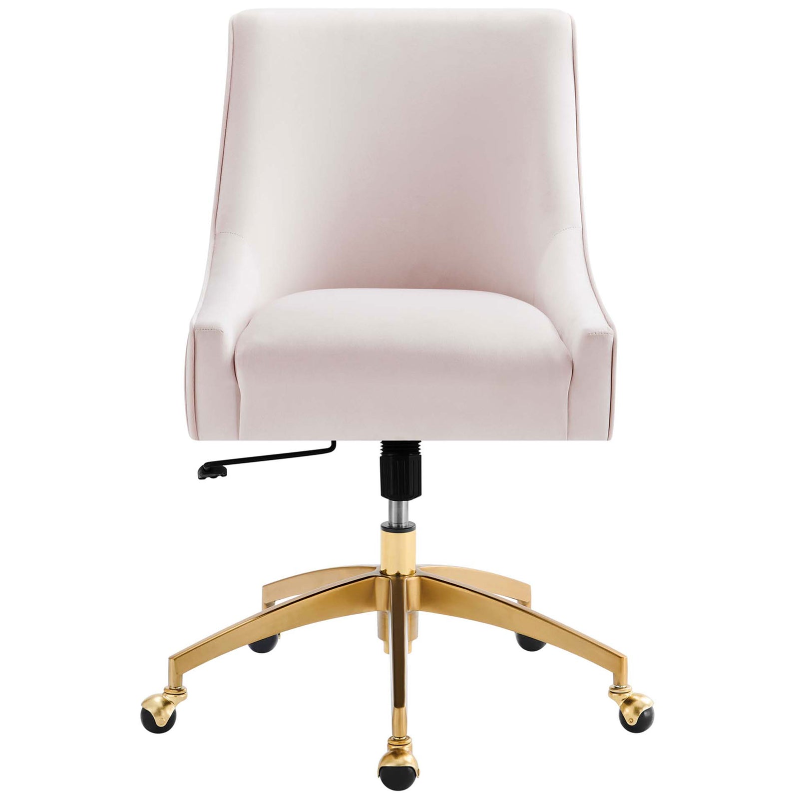 Plush pink velvet office chair with a wide cushioned seat, supportive back, and gleaming gold five-star base || EEI-5080-PNK || front_studio