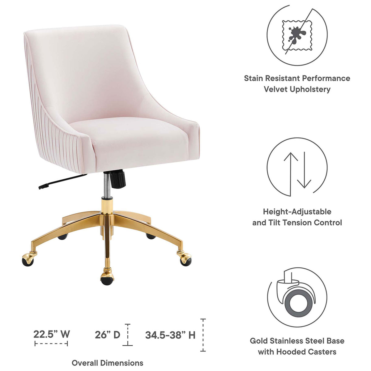 Pink velvet office chair with callouts for stain-resistant fabric, adjustable tilt, and gold base dimensions || EEI-5080-PNK || dimension_studio