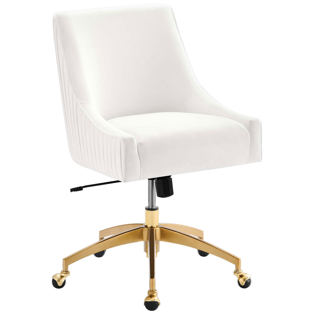 White performance velvet office chair with sloping arms and gold swivel base for chic everyday comfort || EEI-5080-WHI || front_angle_studio
