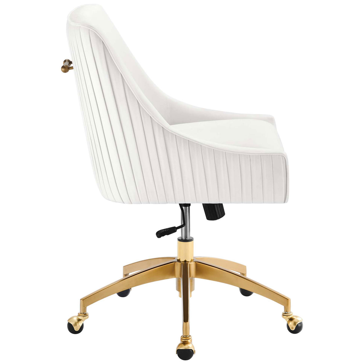 Sleek low-profile office chair showcasing vertical channel tufting and plush white performance velvet upholstery || EEI-5080-WHI || side_studio