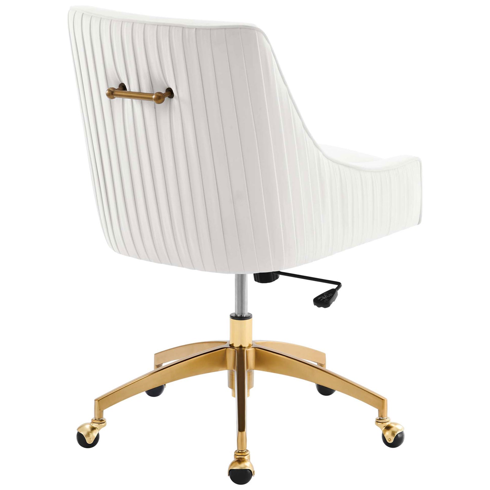 Pleated white velvet office chair with elegant gold accent handle and smooth swivel base on rolling casters || EEI-5080-WHI || back_angle_studio