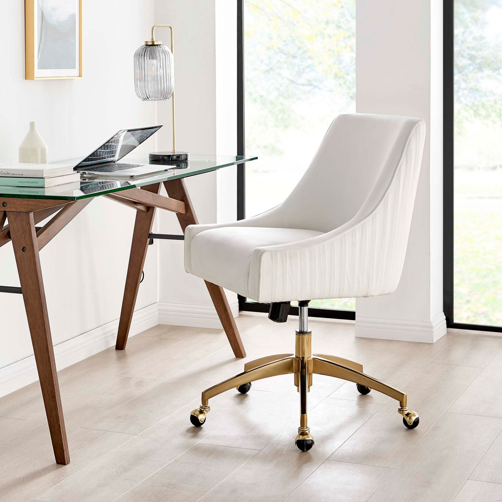 Modern white velvet office chair with gold base styled beside a glass desk in a bright home workspace || EEI-5080-WHI || front_angle_room