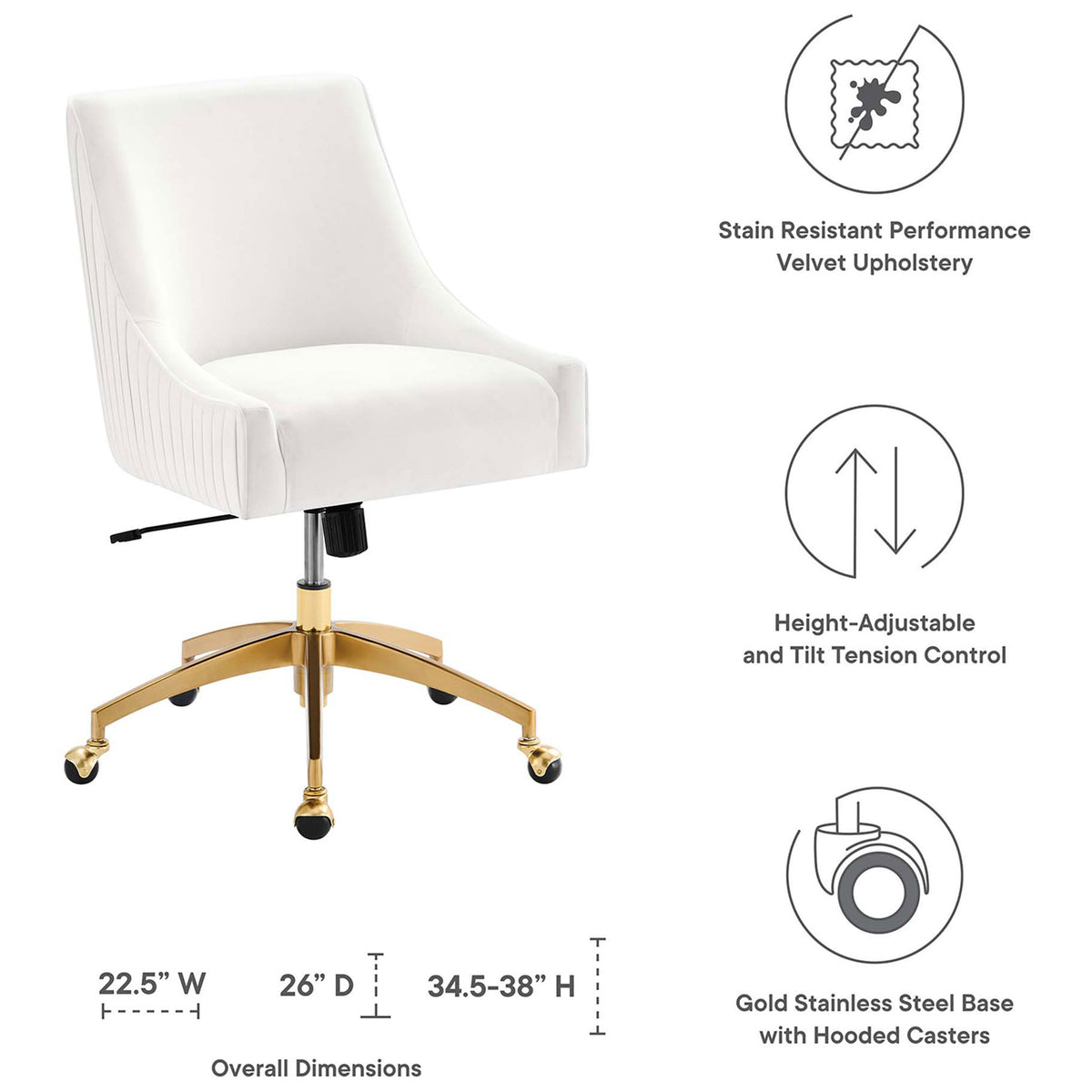 White performance velvet office chair with gold base alongside icons highlighting key features and overall dimensions for easy planning || EEI-5080-WHI || dimension_studio