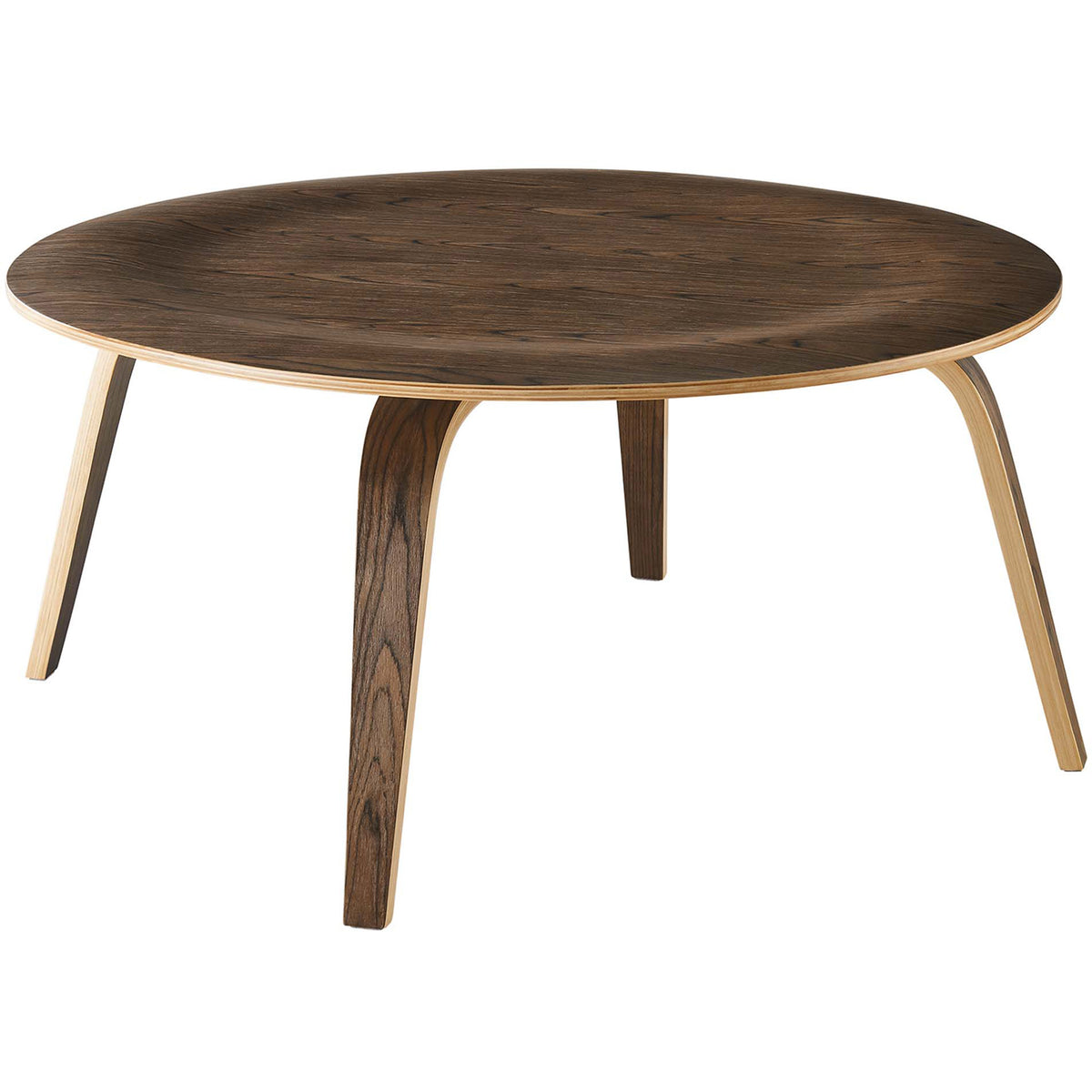 A broad, round walnut-grain top balances on graceful, splayed plywood legs || EEI-509-WAL || front_angle_studio