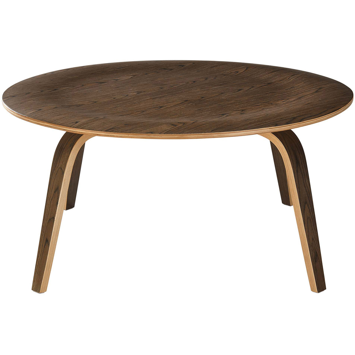 A low, round coffee table pairs warm wood grain with gently curved legs || EEI-509-WAL || front_studio