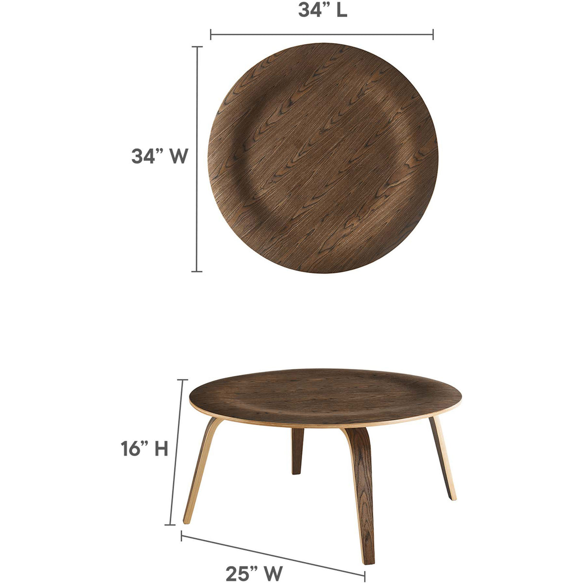 A 34-inch round tabletop offers generous space above a low, splayed base