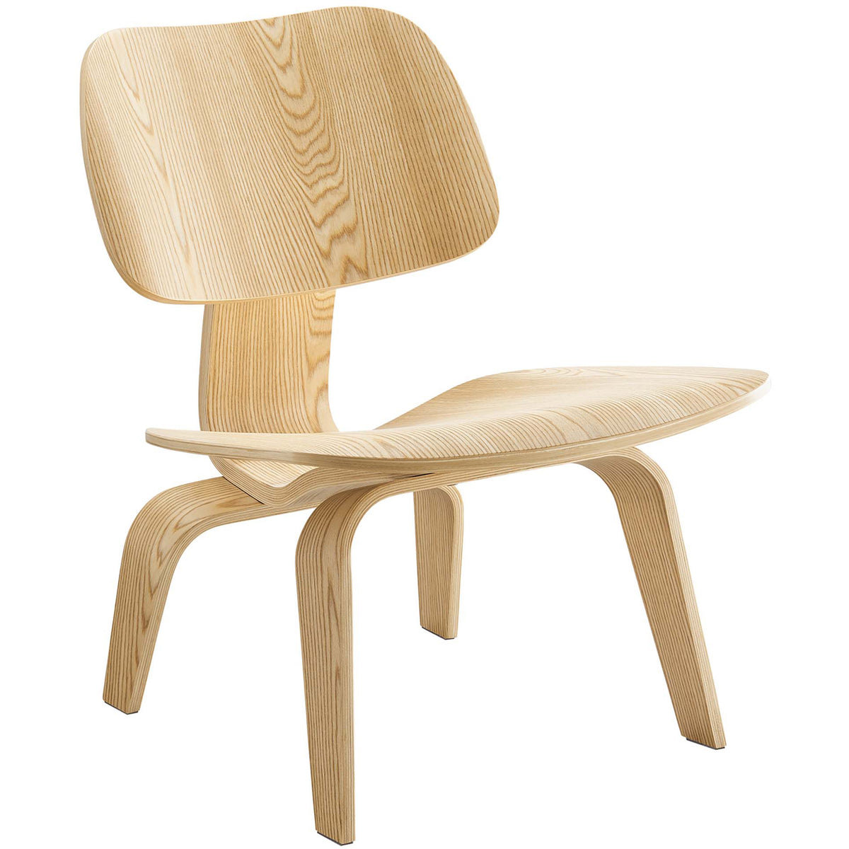Light natural wood grain traces the rounded backrest, contoured seat, and splayed legs || EEI-510-NAT || front_angle_studio