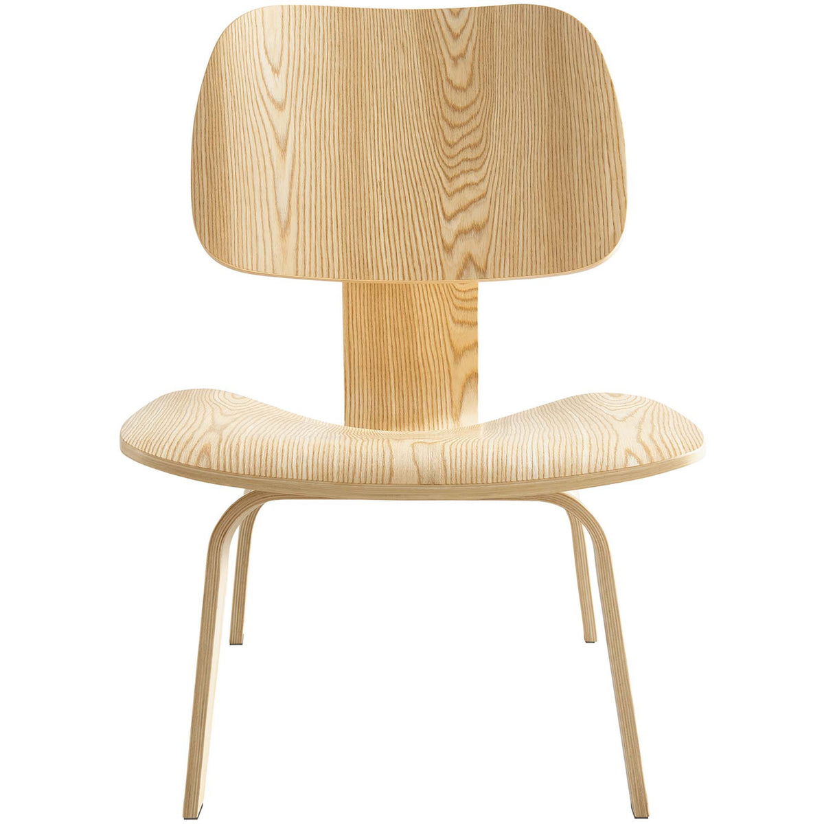 A wide rounded backrest rises above the gently curved seat of this pale wood lounge chair || EEI-510-NAT || front_studio