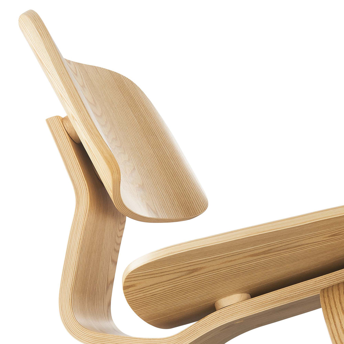 Layered plywood and sweeping curves shape the backrest and underside of the seat