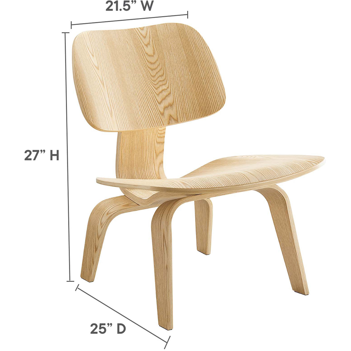 Natural-finish wood lounge chair measures 21.5 inches wide, 25 inches deep, and 27 inches high