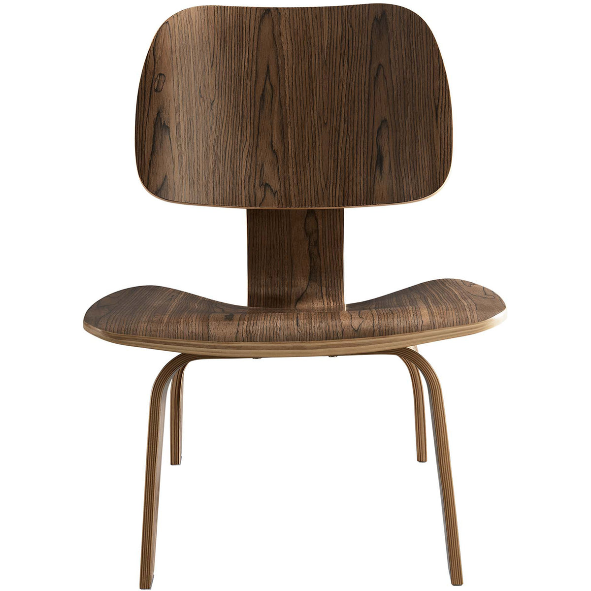 A wide rounded backrest and gently scooped seat showcase rich walnut tones || EEI-510-WAL || front_studio