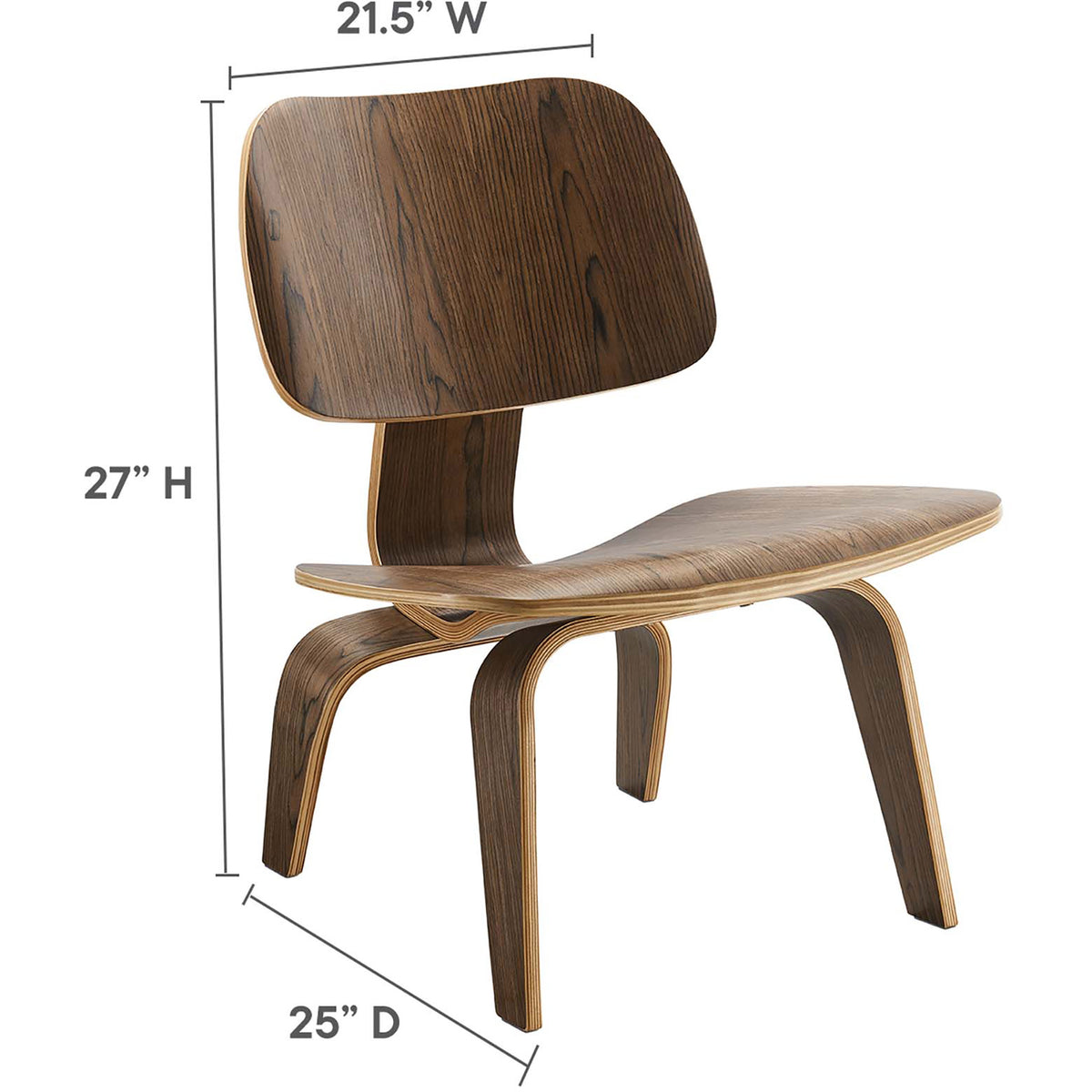 Walnut-finish lounge chair measures 21.5 inches wide, 25 inches deep, and 27 inches high