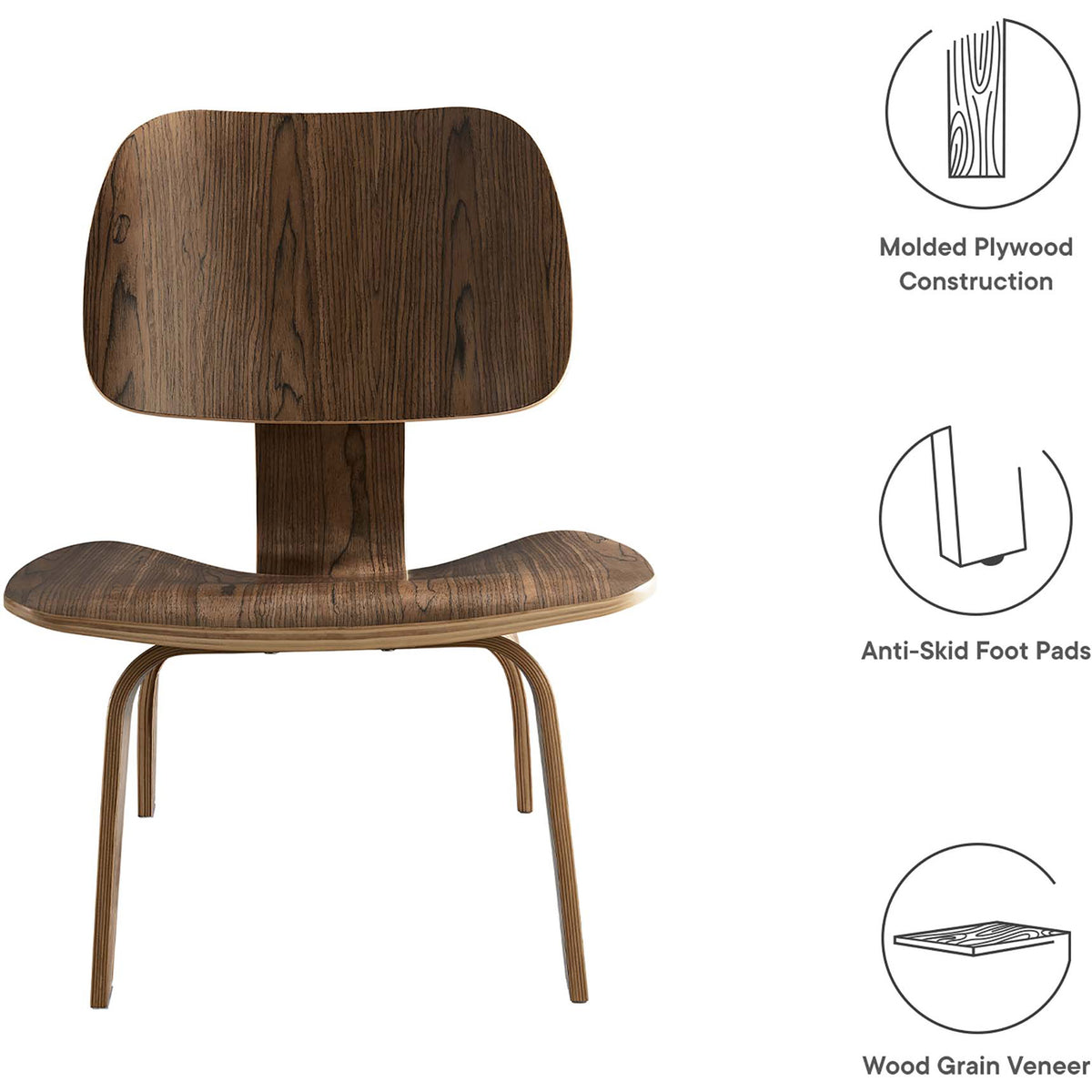 Molded plywood and anti-skid foot pads complement a warm wood grain veneer