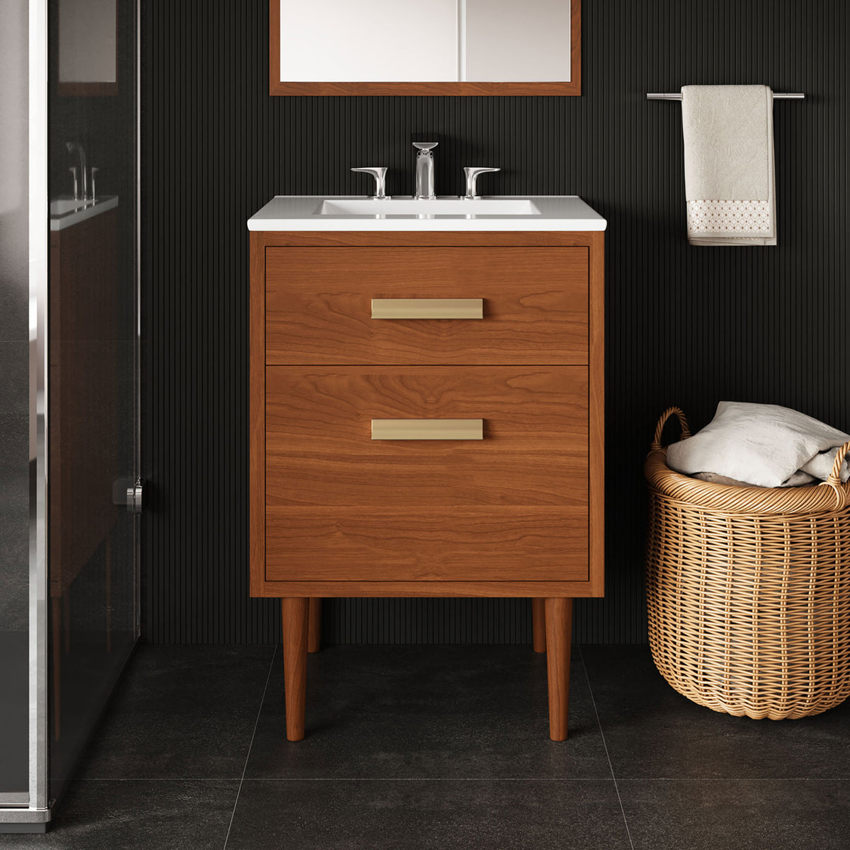 Warm teak vanity elevates the bath with clean lines, a white basin, and gleaming brass hardware. || EEI-5108-NAT-WHI || front_room