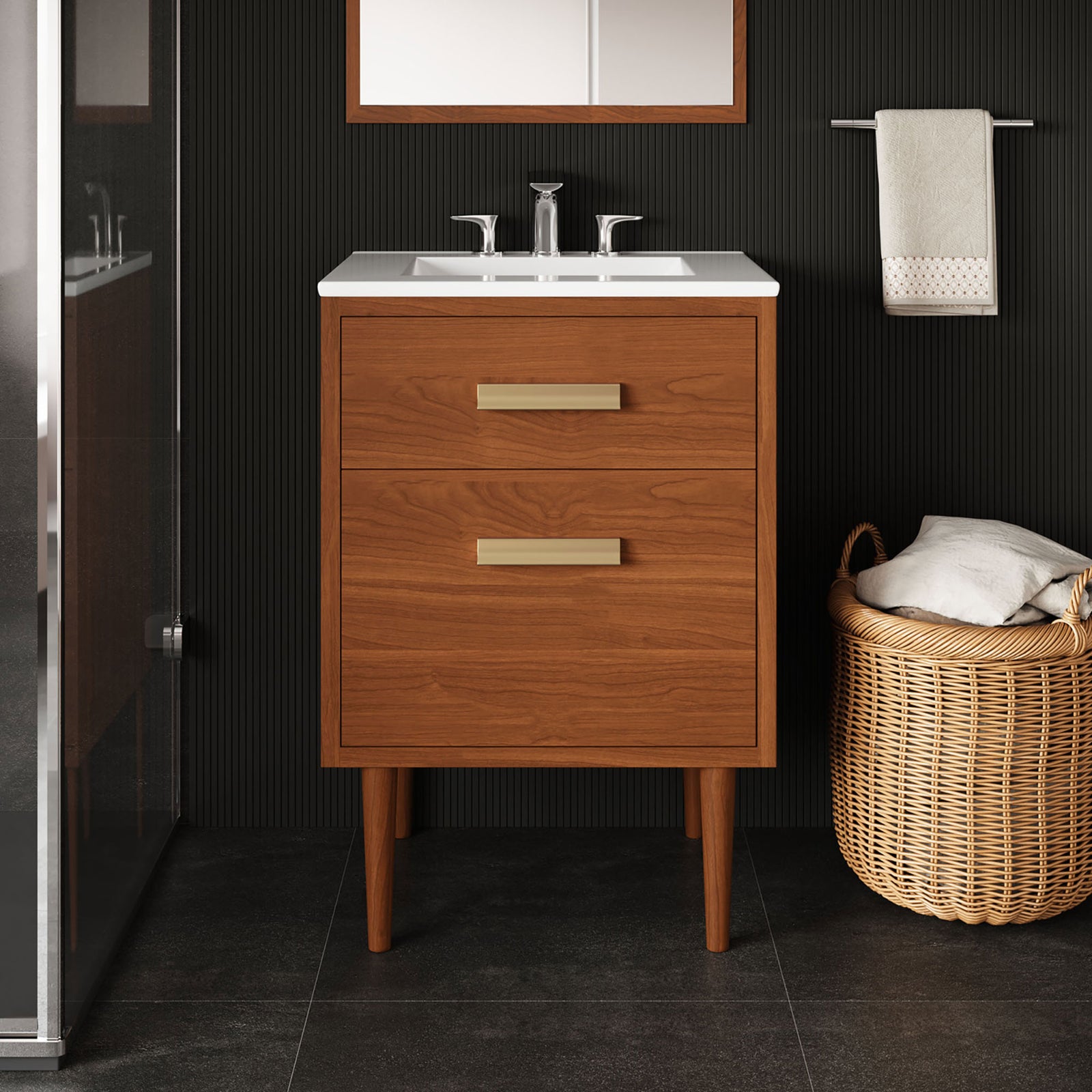 Warm teak vanity elevates the bath with clean lines, a white basin, and gleaming brass hardware. || EEI-5108-NAT-WHI || front_room