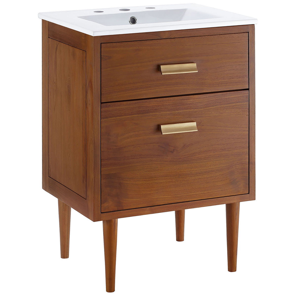 Clean-lined teak cabinet with two drawers, brass hardware, and a crisp white ceramic basin. || EEI-5108-NAT-WHI || front_angle_studio