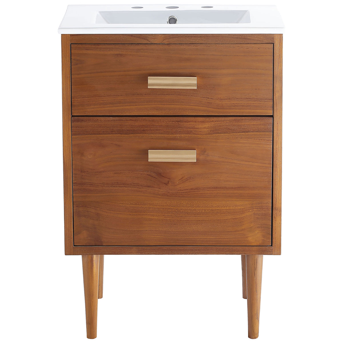 Compact teak vanity with white integrated sink, brass pulls, and tapered legs for a warm mid-century look. || EEI-5108-NAT-WHI || front_studio