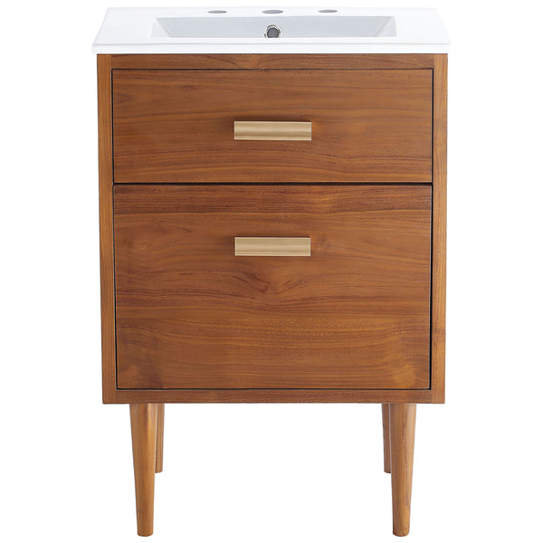 Compact teak vanity with white integrated sink, brass pulls, and tapered legs for a warm mid-century look. || EEI-5108-NAT-WHI || front_studio