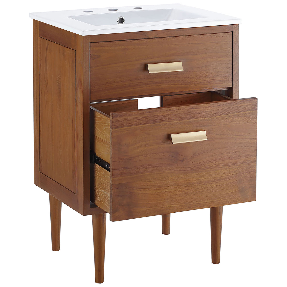 Dual drawers provide organized storage beneath the ceramic sink and modern brass pulls. || EEI-5108-NAT-WHI || front_angle_open_studio
