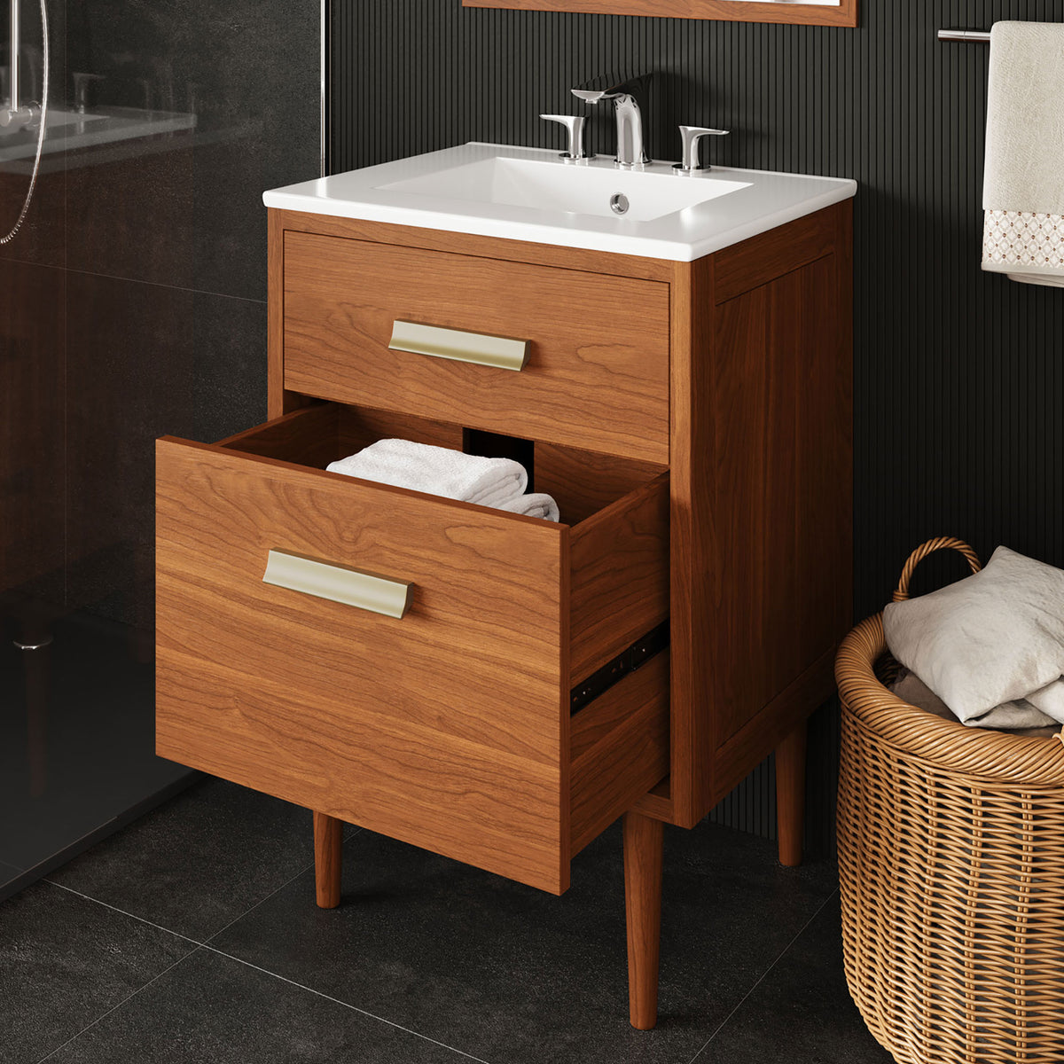 Spacious lower drawer glides smoothly to store towels and toiletries, keeping the vanity clutter-free. || EEI-5108-NAT-WHI || front_angle_open_room