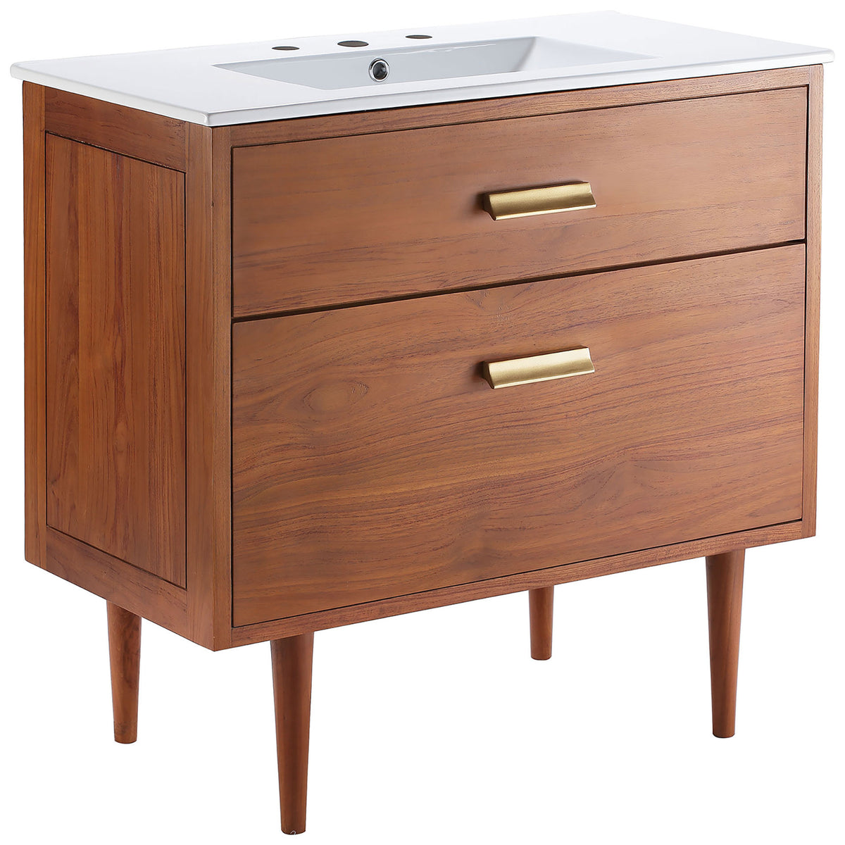 Streamlined teak cabinet features dual drawers and a ceramic basin for modern functionality. || EEI-5109-NAT-WHI || front_angle_studio