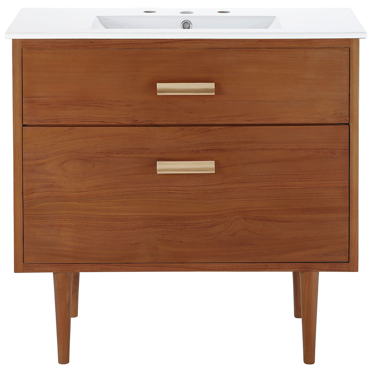 Wide teak vanity with white integrated sink, sleek brass pulls, and sturdy tapered legs. || EEI-5109-NAT-WHI || front_studio