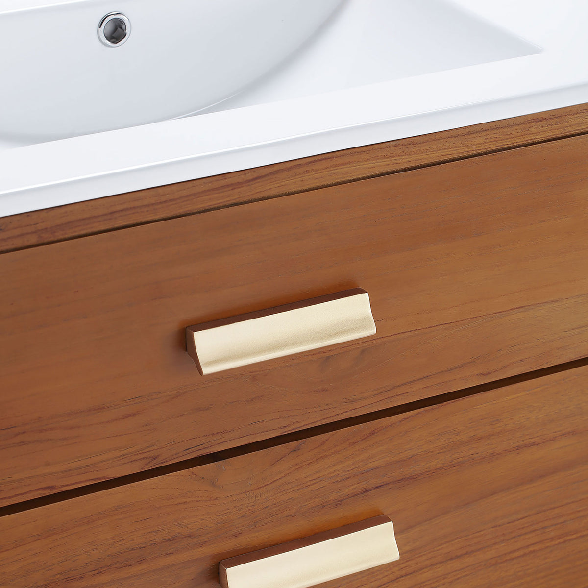 Textured brass pulls pair with smooth teak grain for an elevated, modern look. || EEI-5109-NAT-WHI || detail_studio