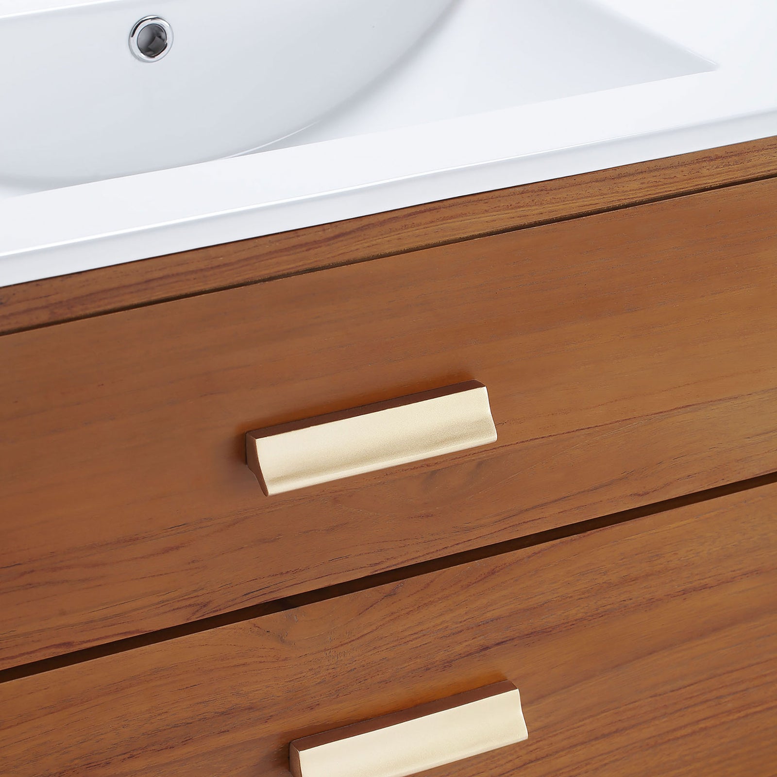 Textured brass pulls pair with smooth teak grain for an elevated, modern look. || EEI-5109-NAT-WHI || detail_studio