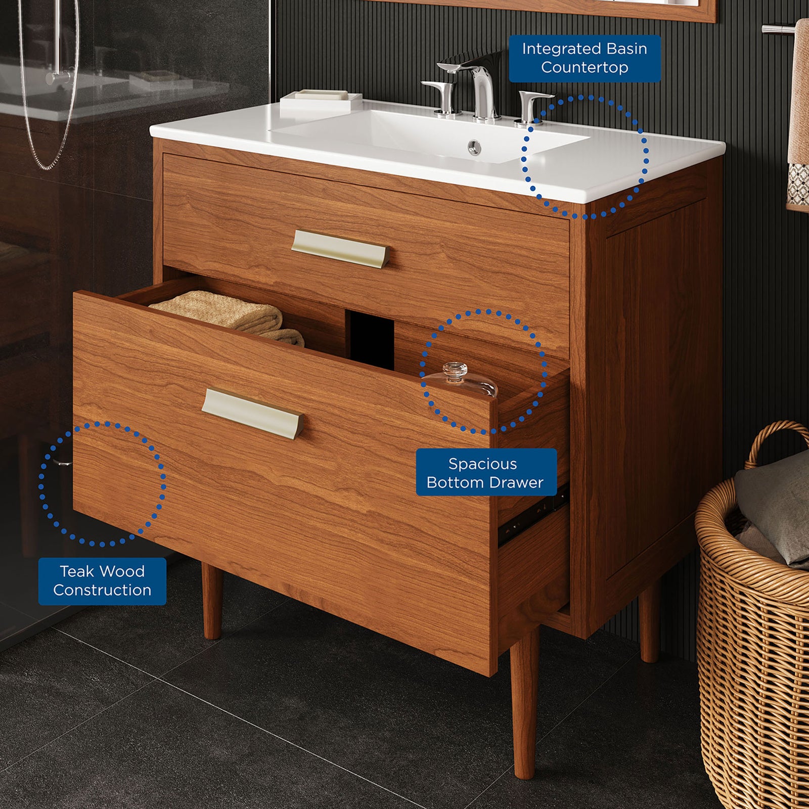 Teak construction, integrated basin countertop, and spacious drawer combine style and utility. || EEI-5109-NAT-WHI || callout_room