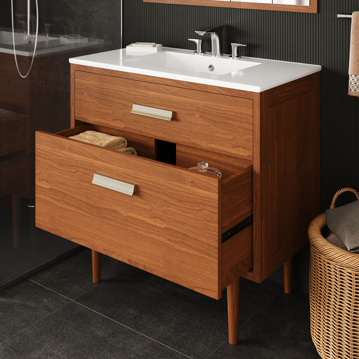 Roomy bottom drawer keeps towels and accessories neatly stored and within reach. || EEI-5109-NAT-WHI || front_angle_open_room