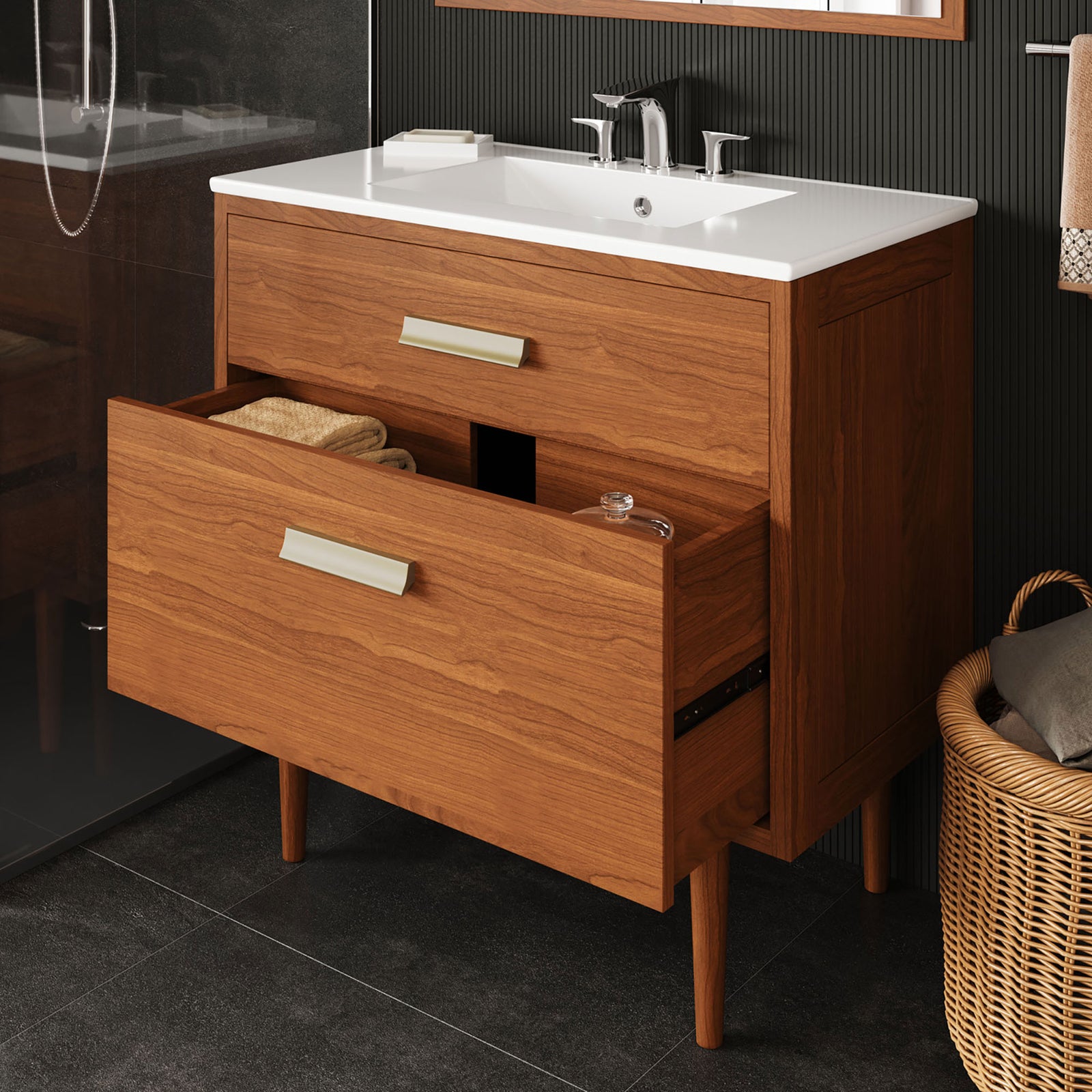 Roomy bottom drawer keeps towels and accessories neatly stored and within reach. || EEI-5109-NAT-WHI || front_angle_open_room