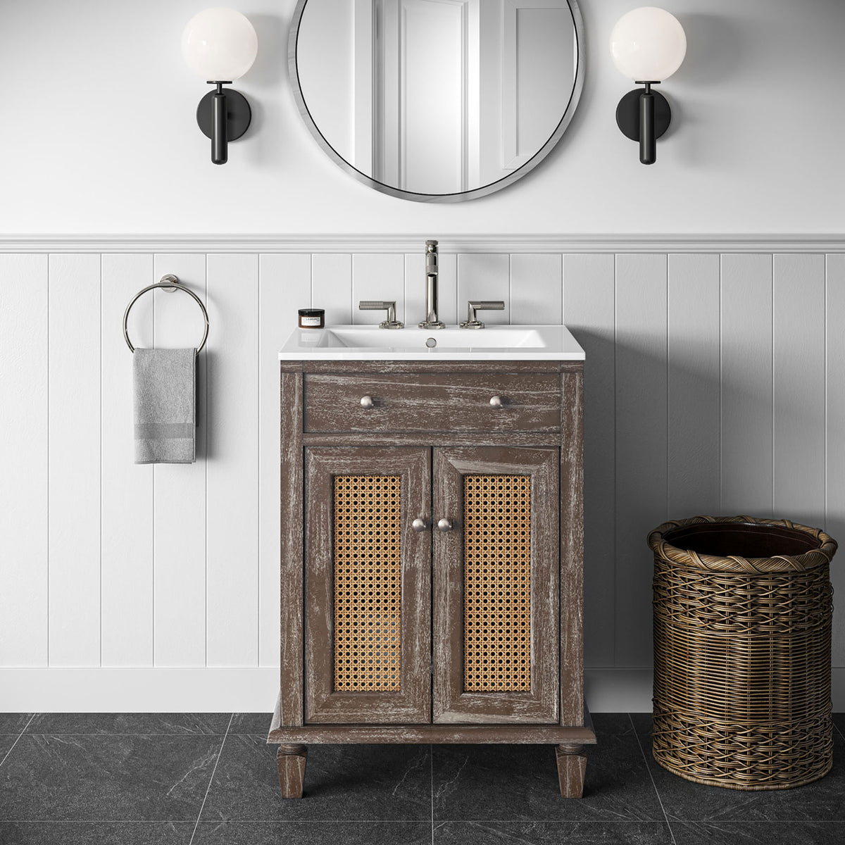 Clean coastal look with cane doors and white sink brings warmth to a modern bath. || EEI-5110-GRY-WHI || front_room