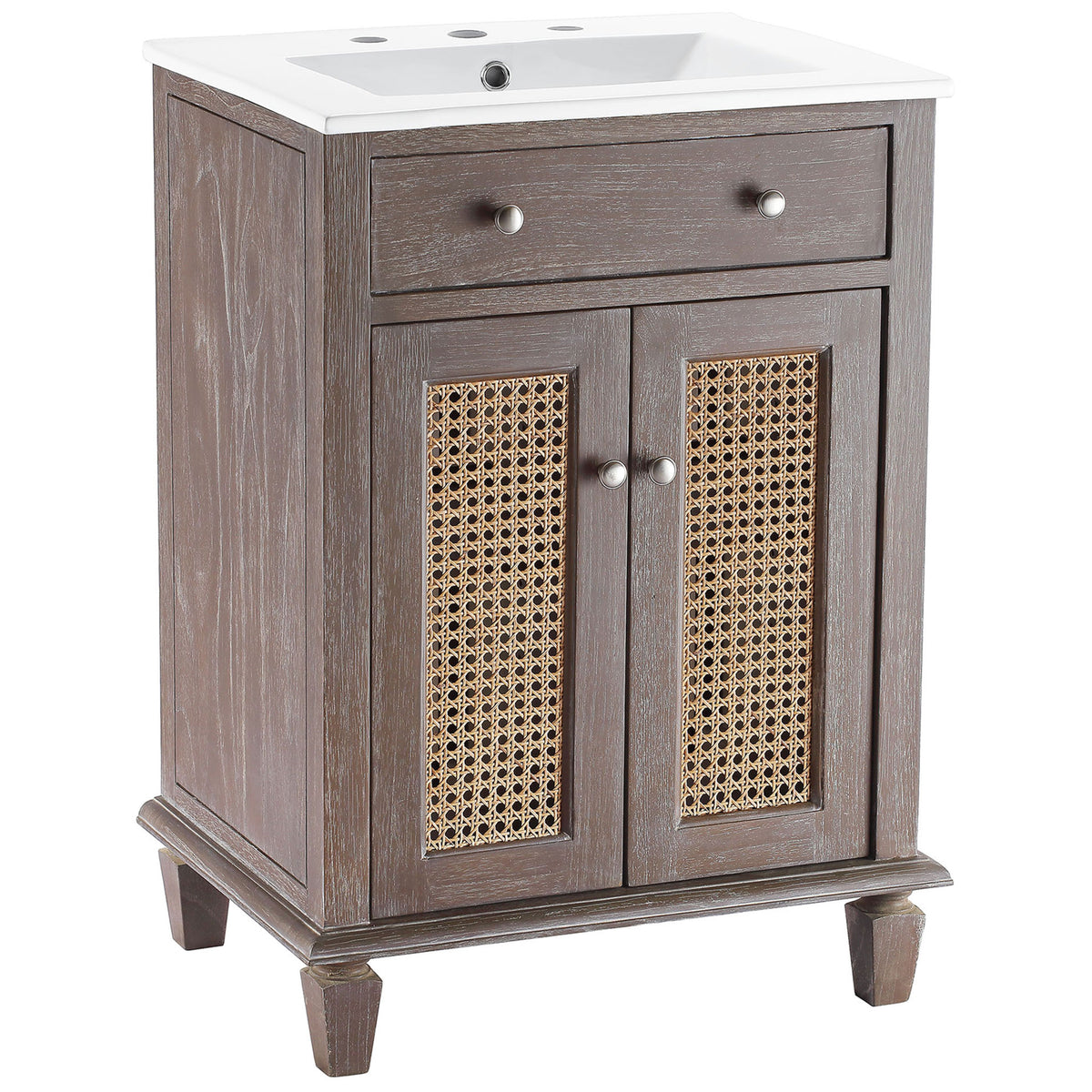 Gray wood vanity with cane doors and integrated white ceramic sink on tapered legs. || EEI-5110-GRY-WHI || front_angle_studio