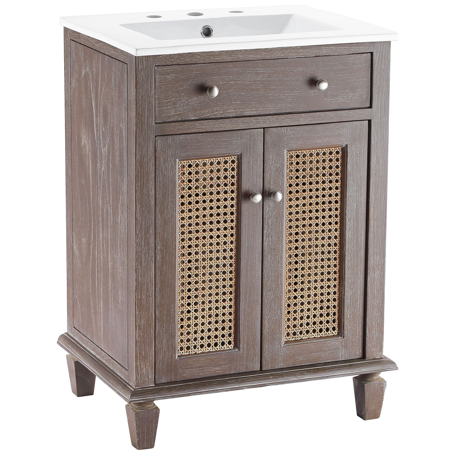 Gray wood vanity with cane doors and integrated white ceramic sink on tapered legs. || EEI-5110-GRY-WHI || front_angle_studio