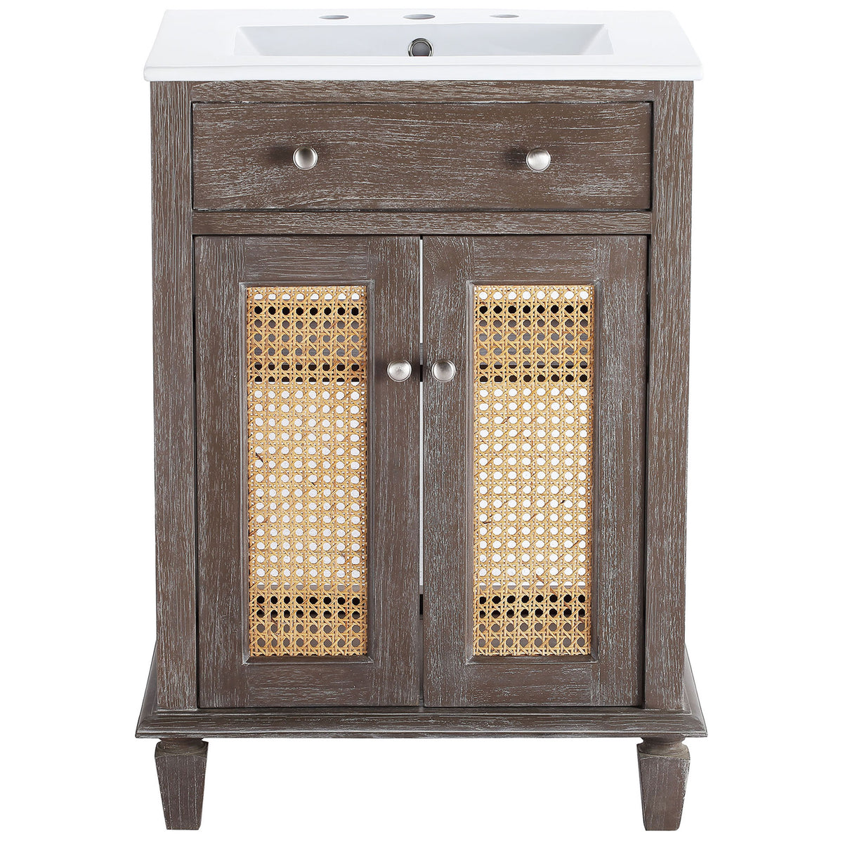Compact 24-inch vanity in weathered gray with cane-front doors and crisp white integrated sink. || EEI-5110-GRY-WHI || front_studio